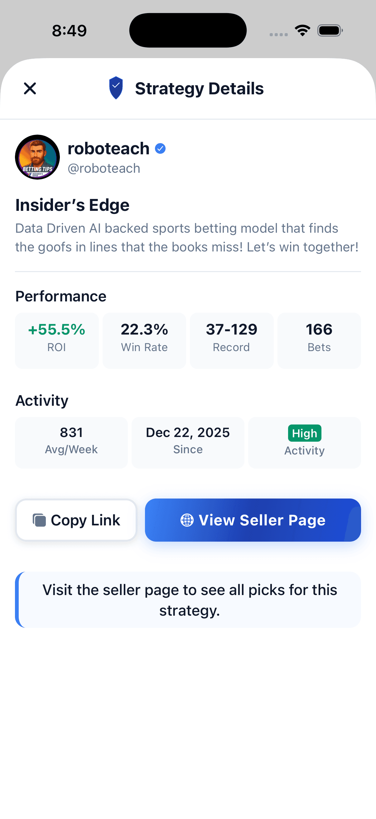 Strategy details modal showing performance metrics before subscription