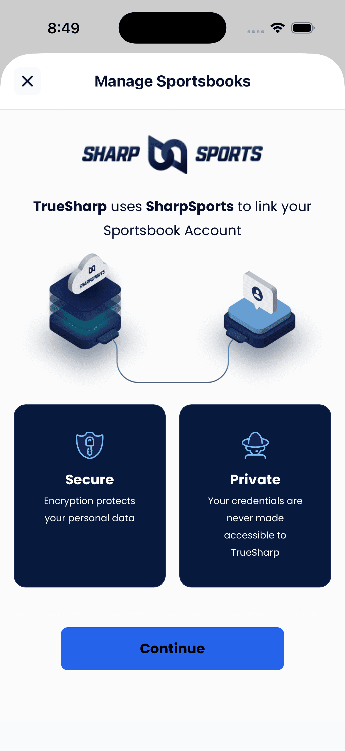 SharpSports to TrueSharp syncing interface showing connected sportsbooks
