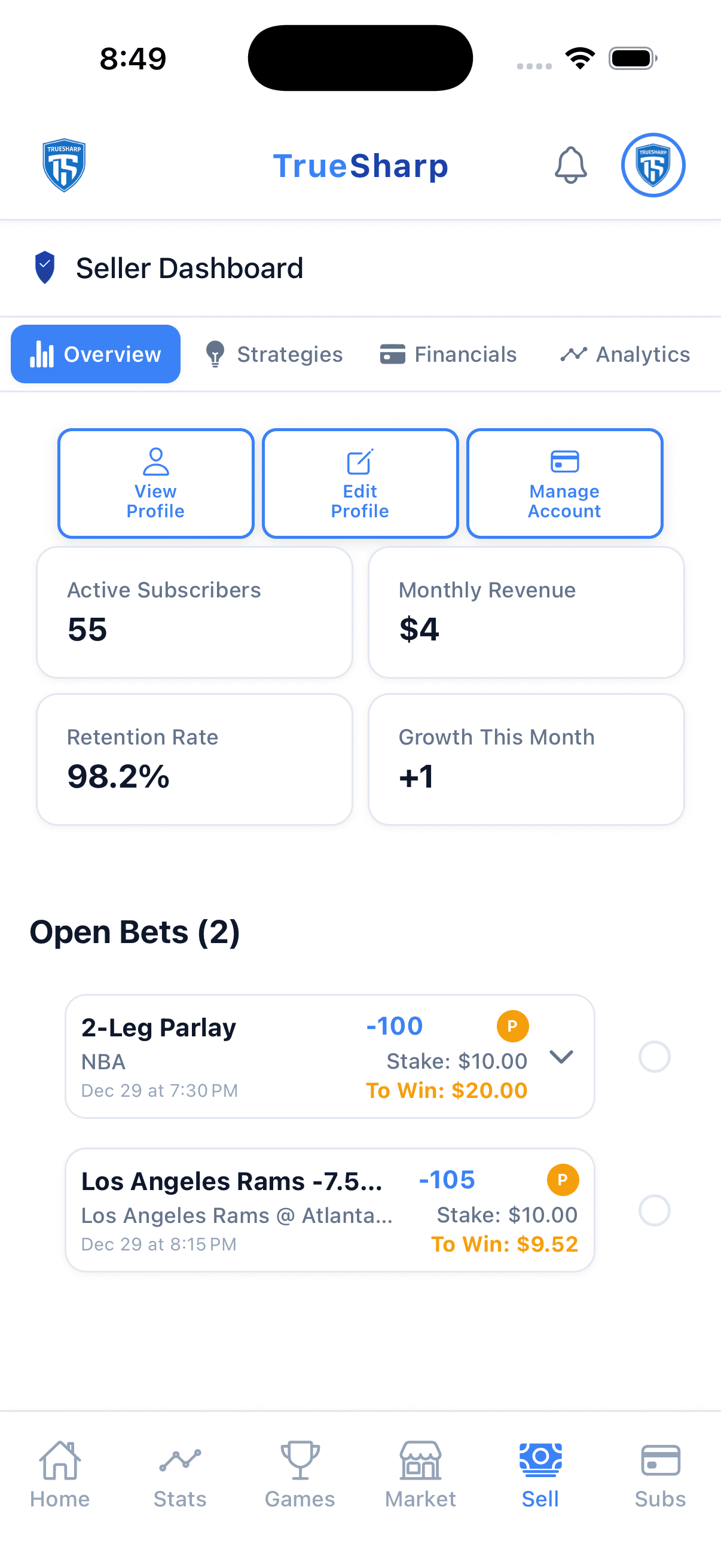 TrueSharp Seller Dashboard for monetizing betting strategies